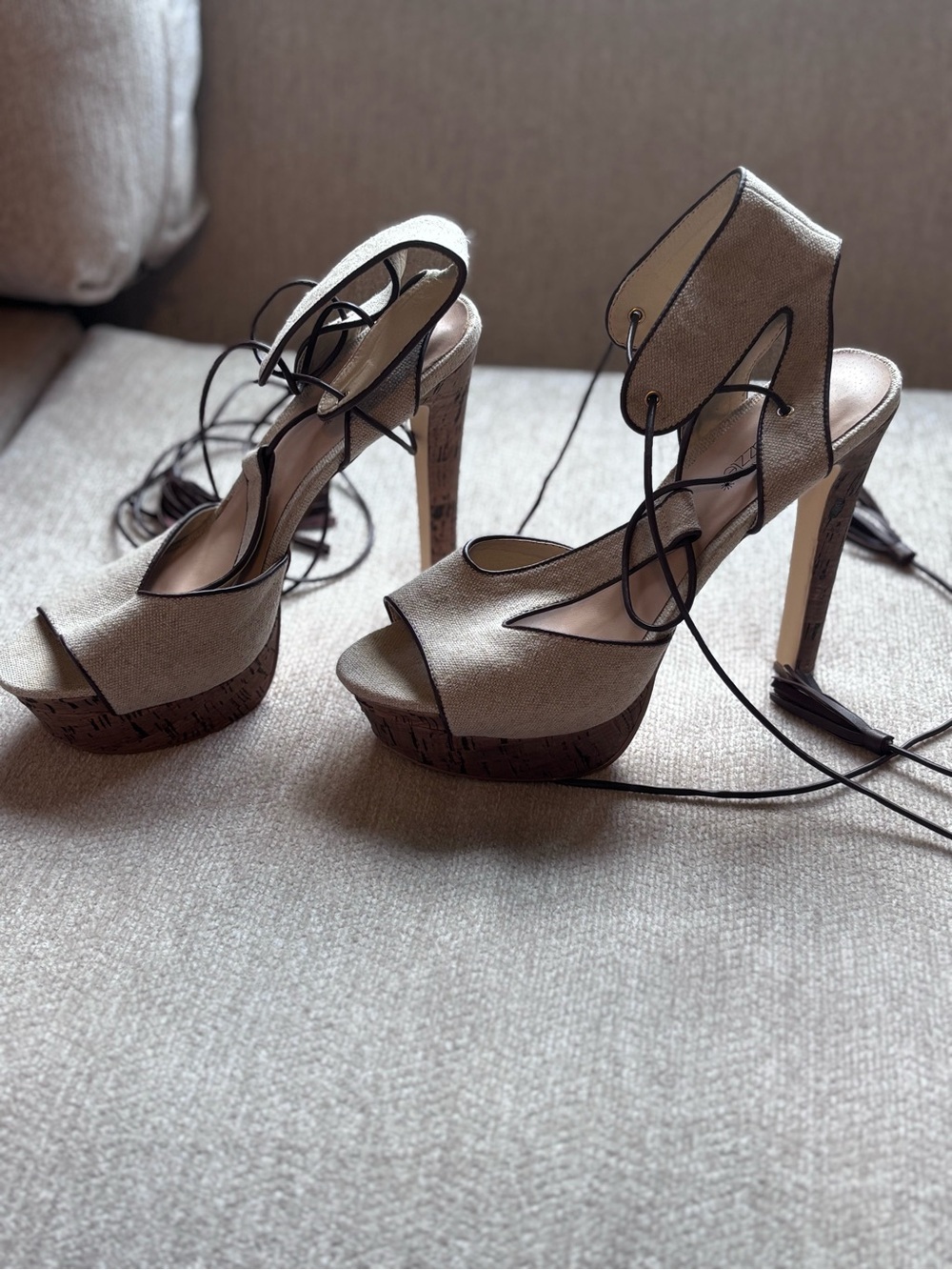 Shoe Dazzle Beige Lace-Up Cork Platform Heels